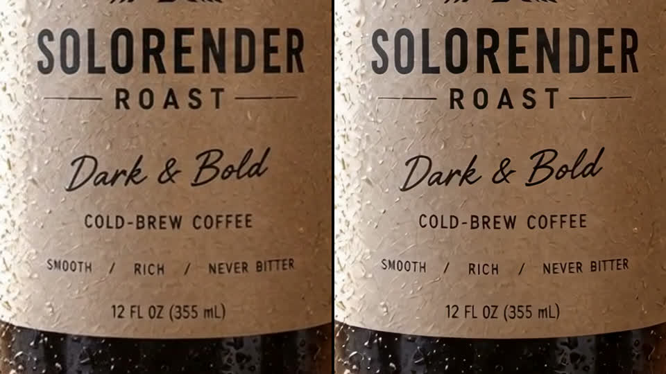 Close up: The same moment from both, label enlarged. Left: the 720p clip. Right: Topaz. The drops and small print are a little crisper and nothing was redrawn. On a clip this clean the gain is small.