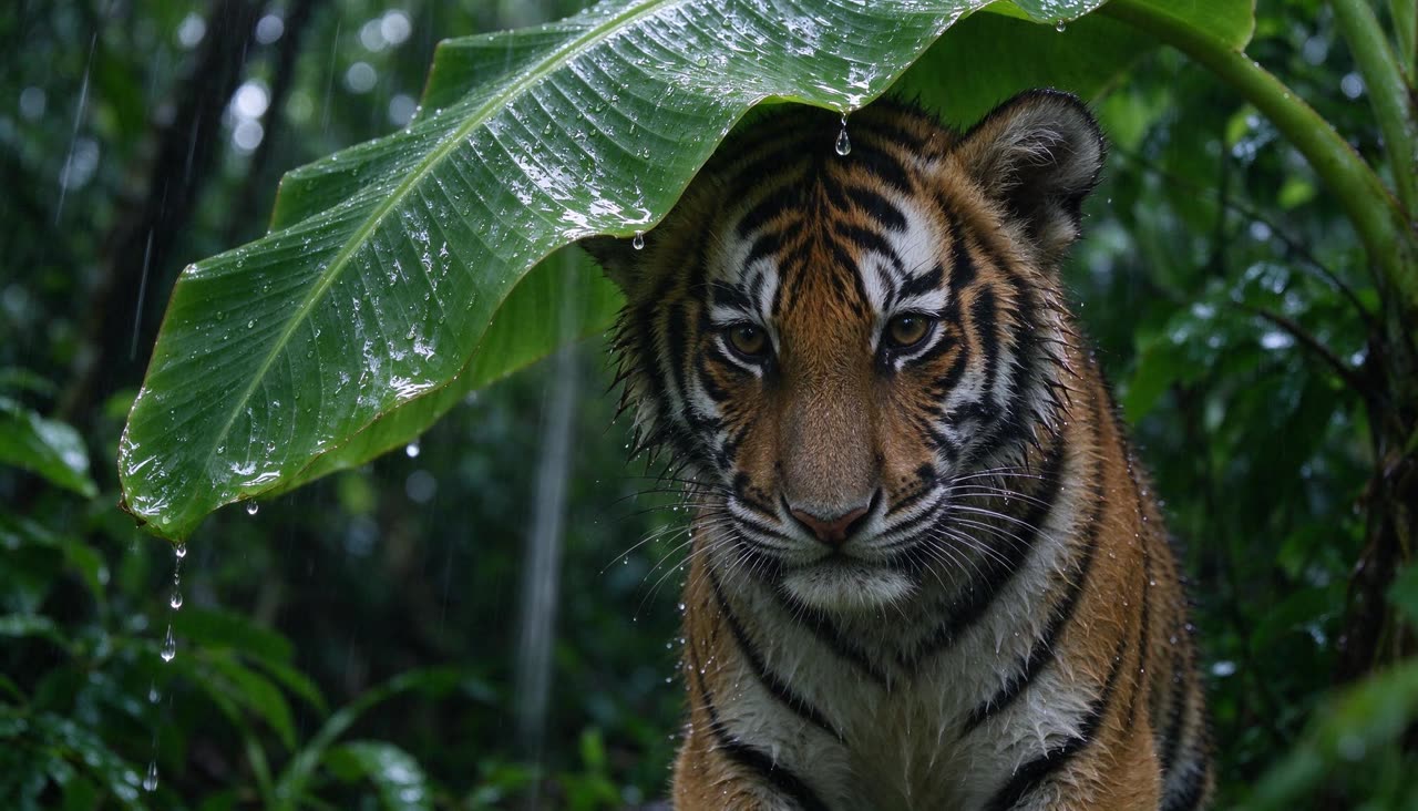 Seedream 5 Flash: A wet tiger cub under a banana leaf, from an eleven-word prompt.