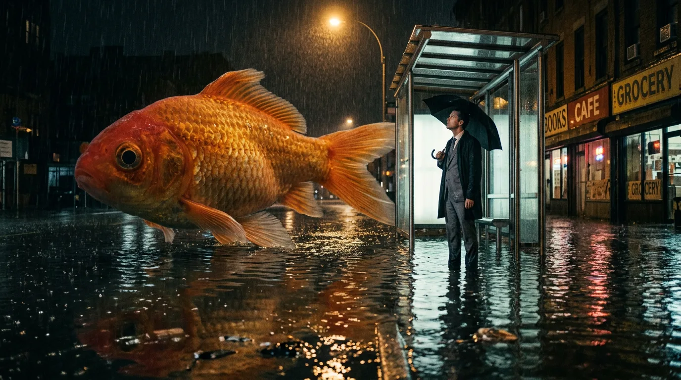 Made from a scene: a man in a suit at a flooded bus stop stares up at a goldfish as big as a car swimming past him at night