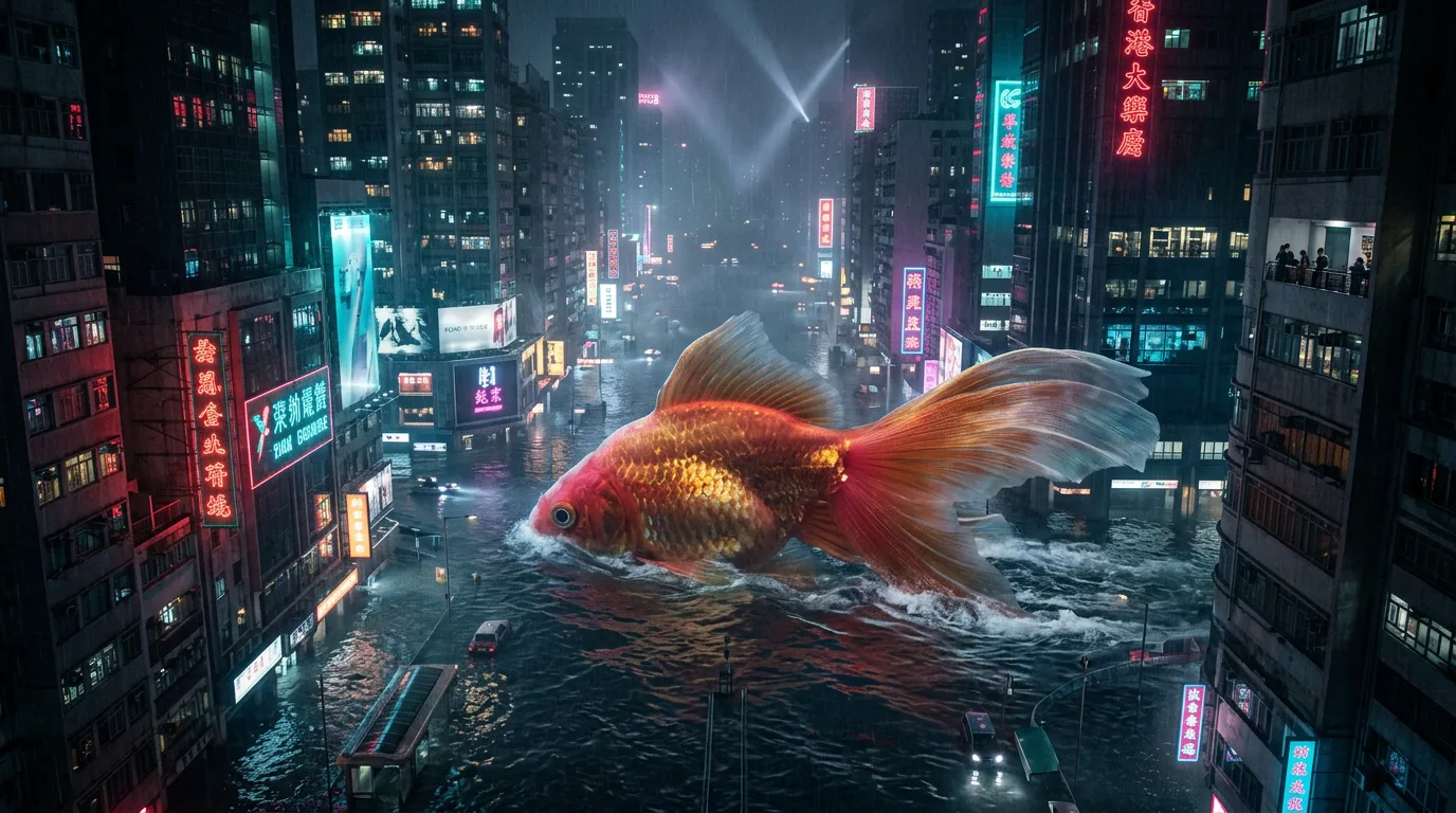Made from tags: a giant goldfish in a flooded neon city, seen from high above, nobody in the street