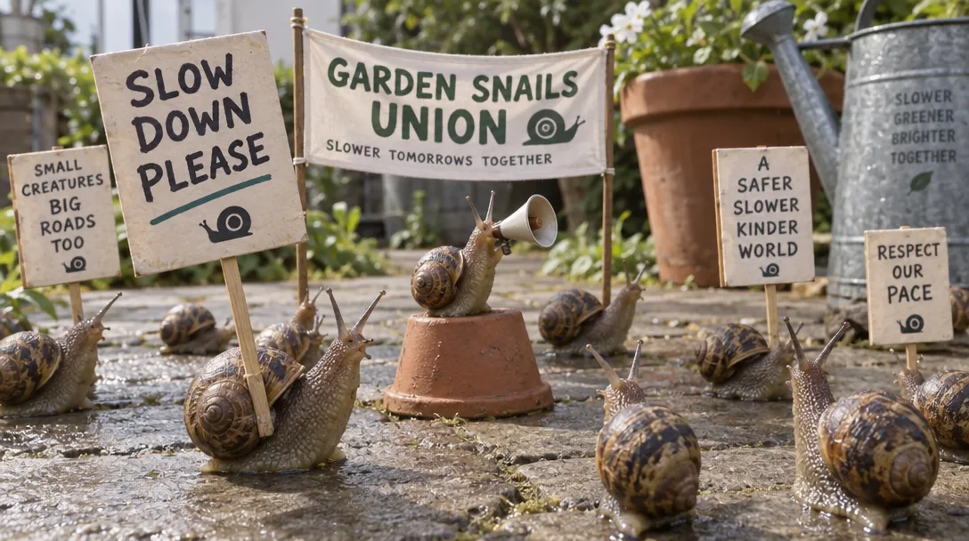 Snails protesting under a banner reading Garden Snails Union, with many signs of made-up slogans
