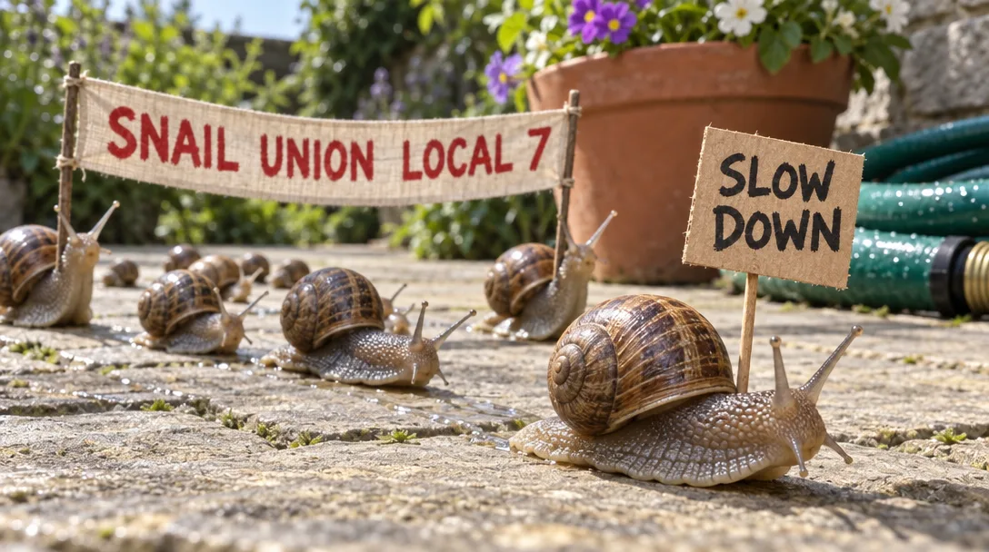 Snails marching under a banner reading Snail Union Local 7, the front snail by a sign reading Slow Down