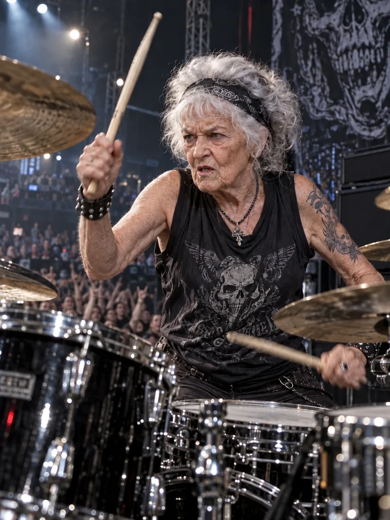 An old woman in a skull vest with tattoos drumming on a big arena stage