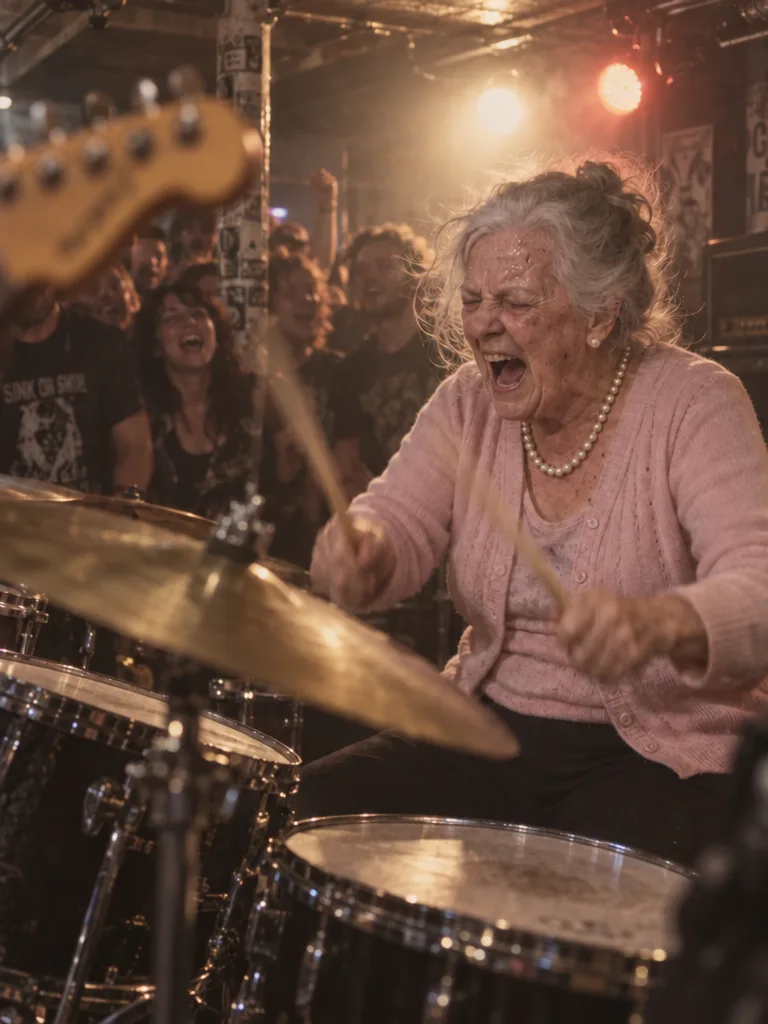 A grandmother in a pink cardigan and pearls yelling as she hits a cymbal at a packed basement rock show
