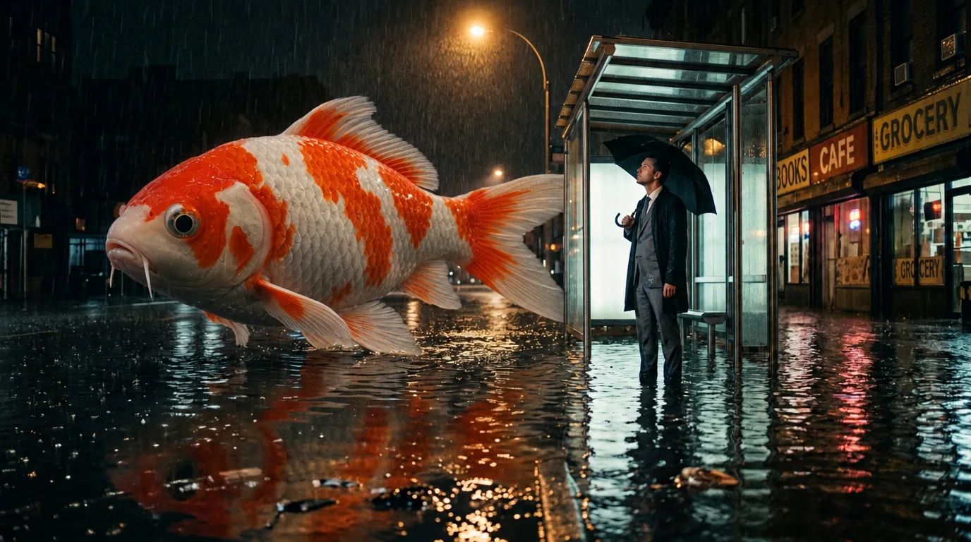 The same street and man, the goldfish now a white koi with orange patches