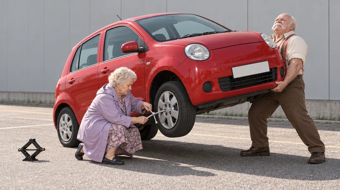 Brix holding the front of the car up with his hands while the old lady changes the wheel