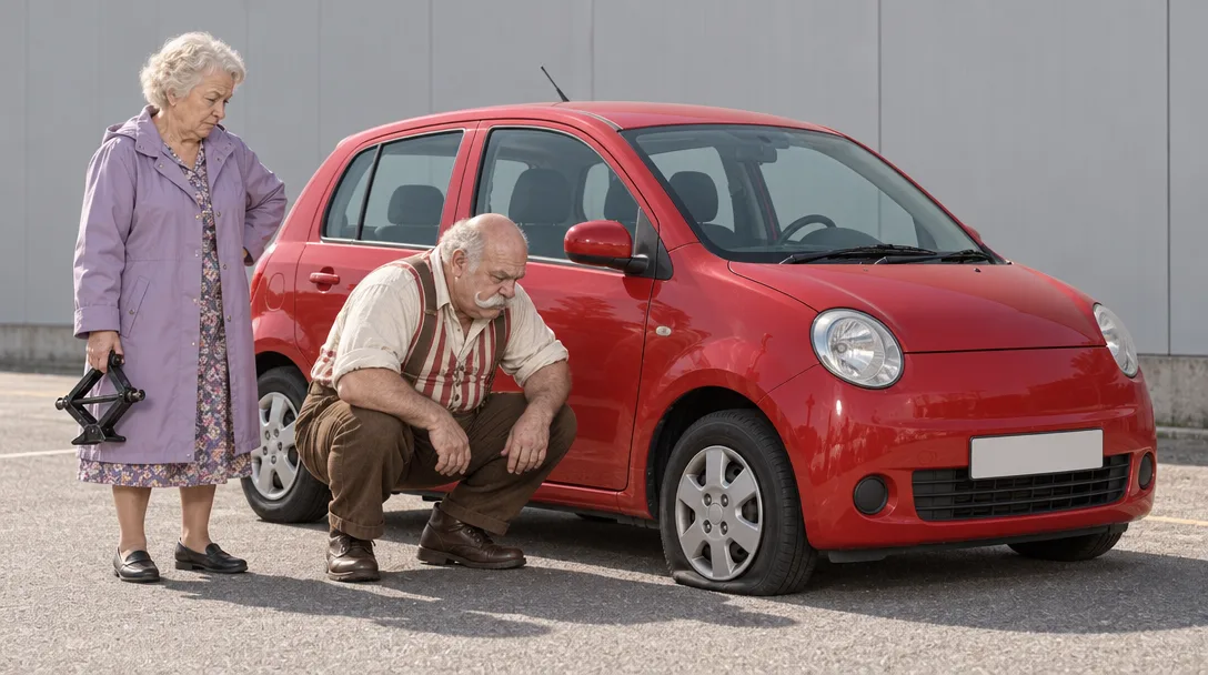 Brix crouching by a small red car with a flat tyre while an old lady holds a car jack