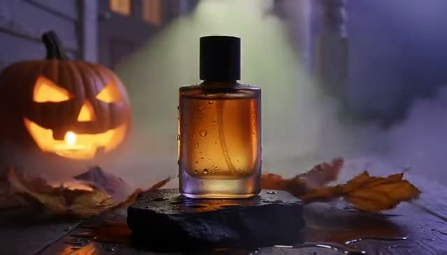 Made with Kling 2.5 Turbo Pro: Slow push-in on the perfume bottle as the green spotlight fades and autumn arrives: fallen leaves drift in, mist rolls across the stone, a carved pumpkin glows to life behind the bottle