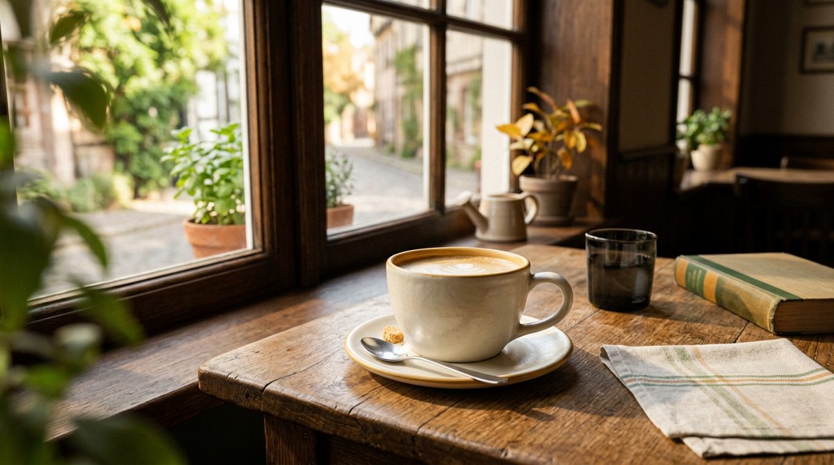 Made with Nano Banana 2: A product photo of a ceramic coffee cup and saucer on a café table by a window, morning light, using the @solorender_brand colours