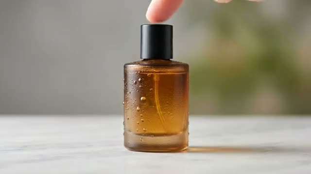 Made with Veo 3.1 Fast: a fingertip taps the top of the product twice, then the product spins slowly in place on its base like it sits on a turntable — it stays standing upright the whole time and never tips over or lies down — with clean tapping sounds. The product keeps its exact shape, label, glass, color, fill level and upright position the whole time. Slow, calm, satisfying, the camera stays close and steady.